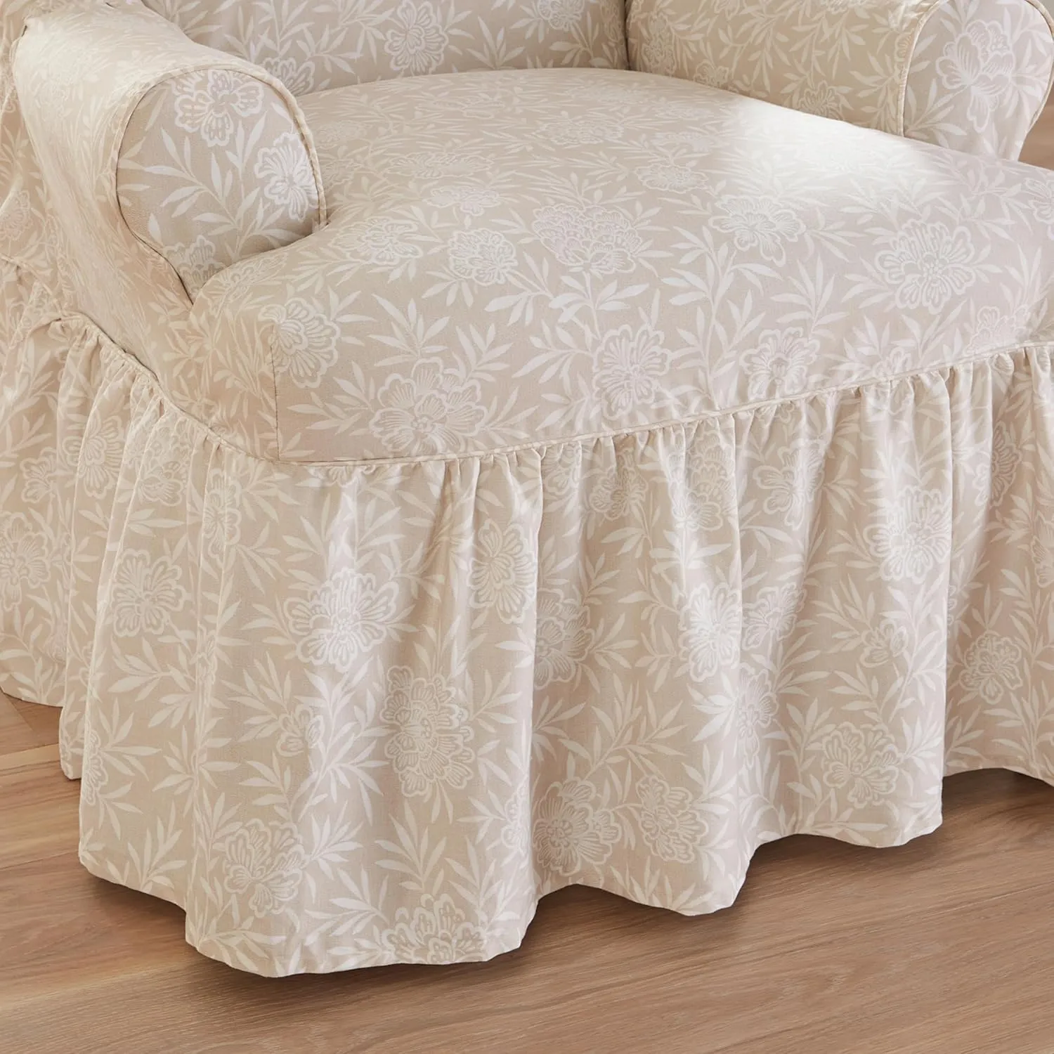 SureFit Essential Twill Ruffled Wingback Chair Slipcover, Wing Chair Cover with Cotton Printed One-Piece Design and Ruffled Skirt, Machine Washable Wingback Chair Cover, Neutral Floral