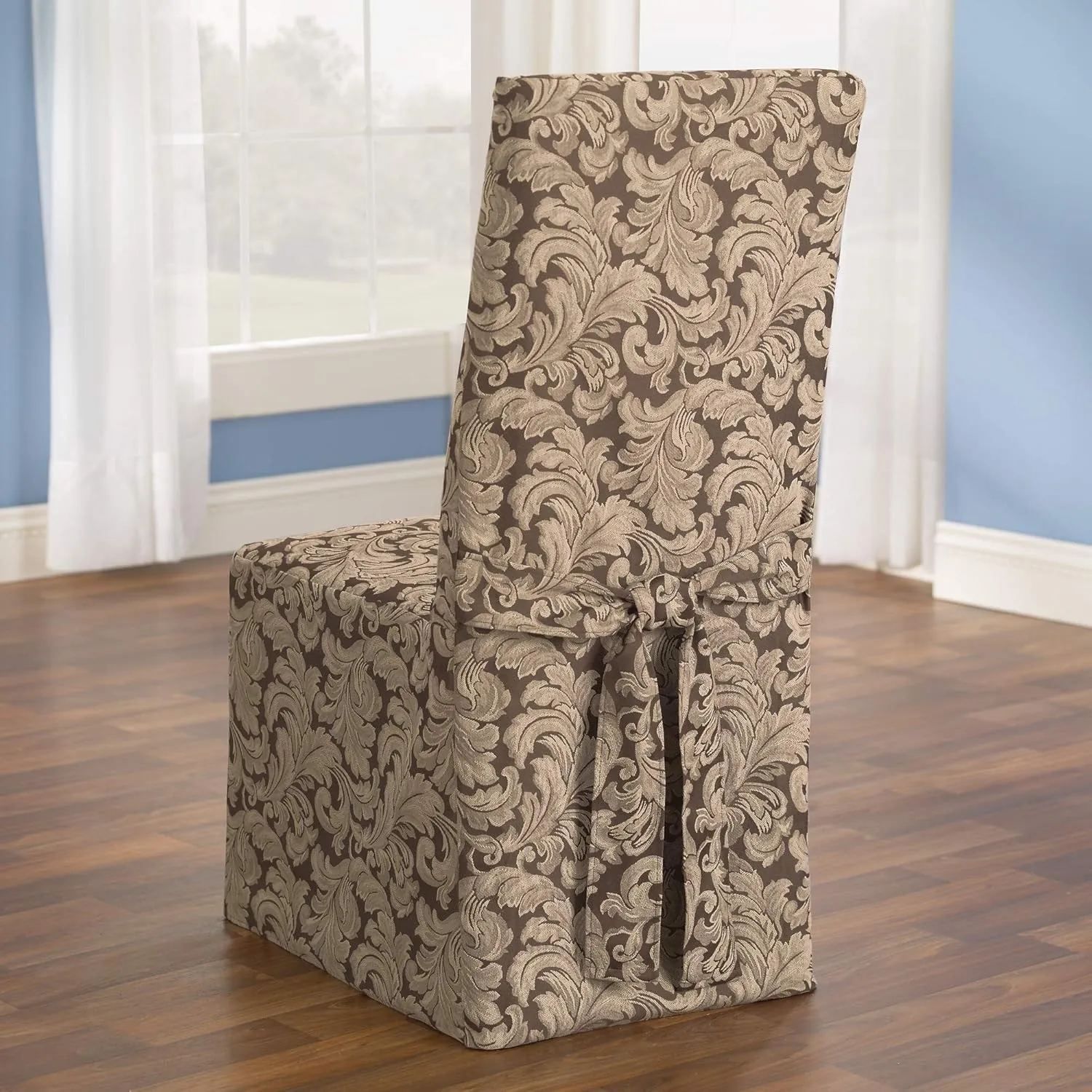 SureFit Home Décor Scroll Long Dining Room Chair One Piece Slipcover, Relaxed Fit, Cotton/Polyester, Machine Washable, Dinning - Brown