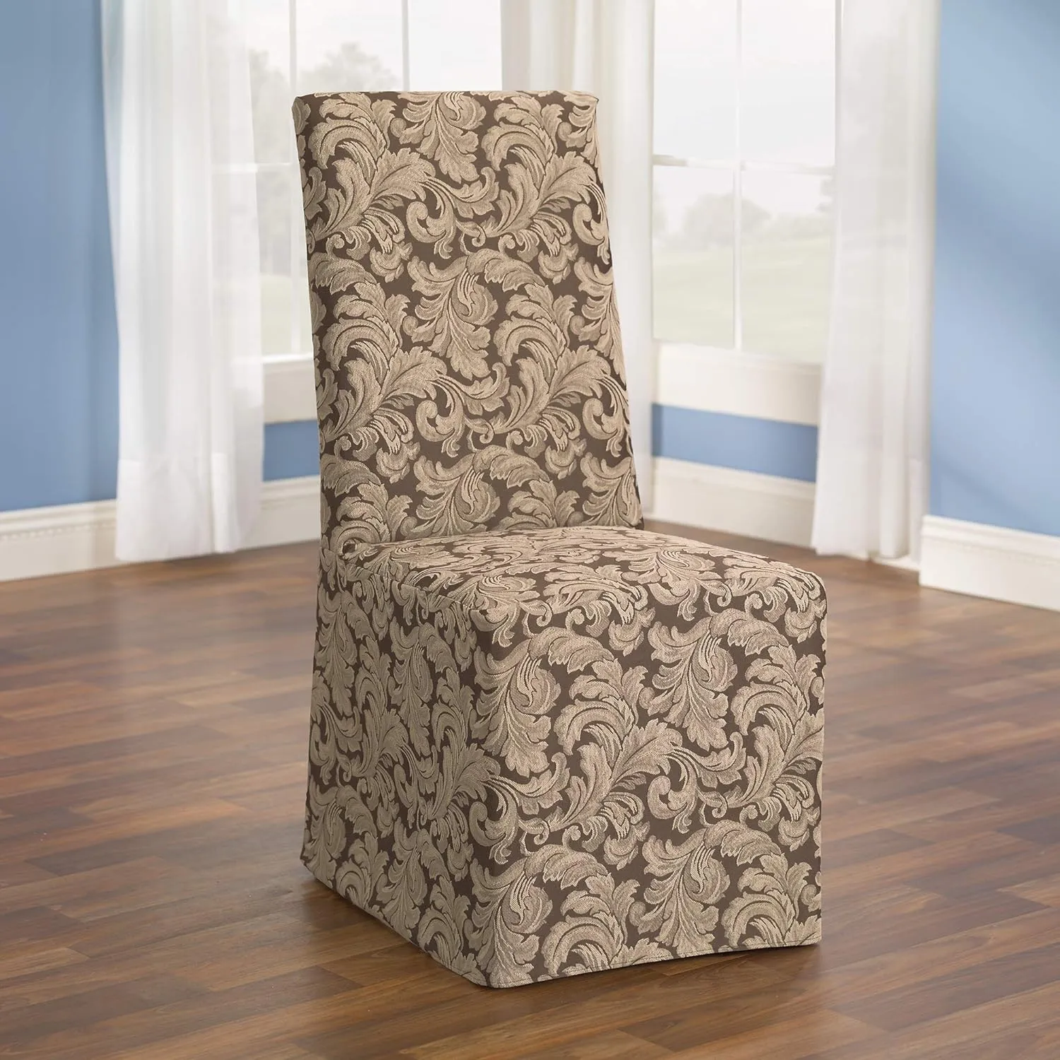 SureFit Home Décor Scroll Long Dining Room Chair One Piece Slipcover, Relaxed Fit, Cotton/Polyester, Machine Washable, Dinning - Brown