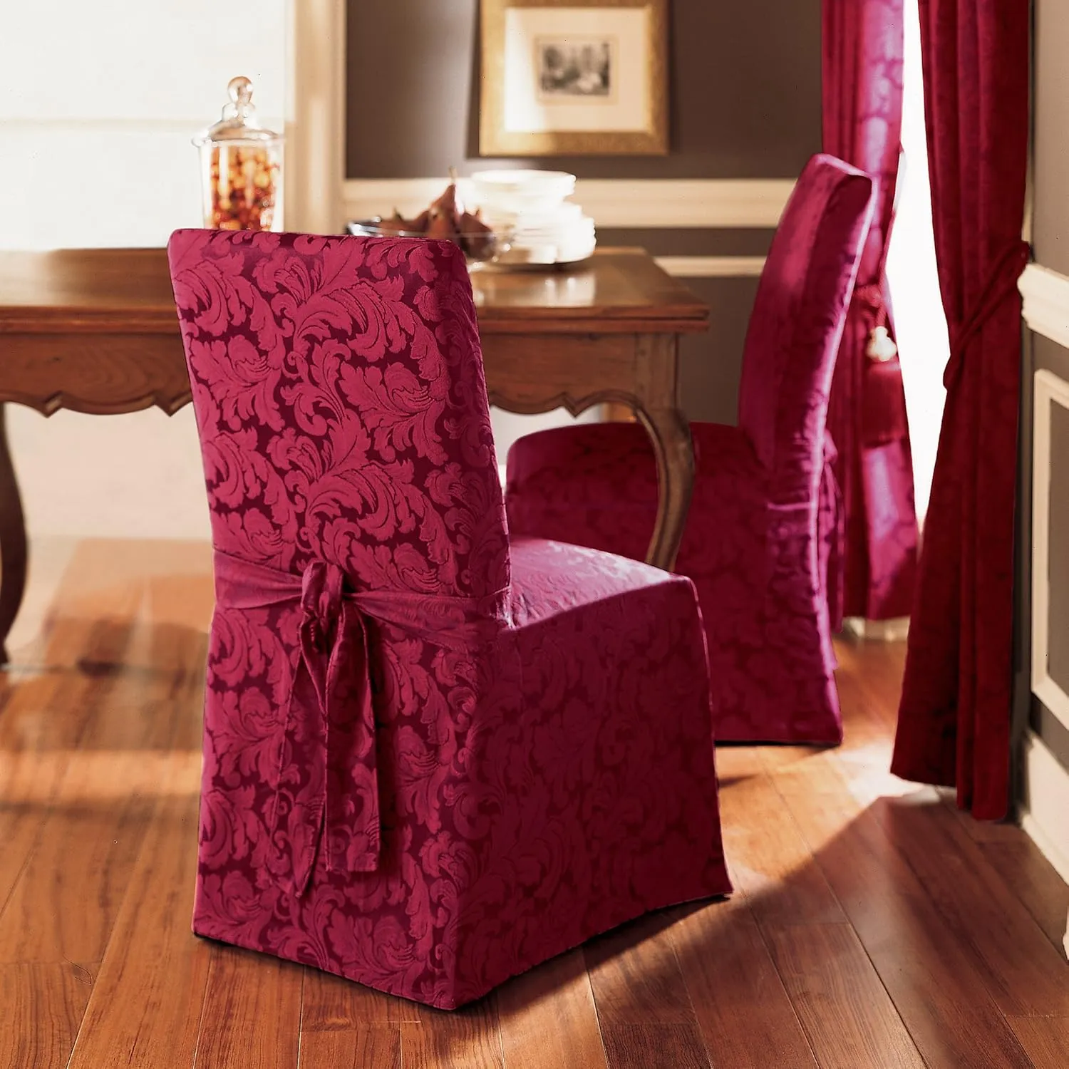 SureFit Home Décor SF35464 Scroll Dining Chair Cover, Relaxed Fit, Cotton/Polyester, Machine Washable, One Piece, Burgundy Color