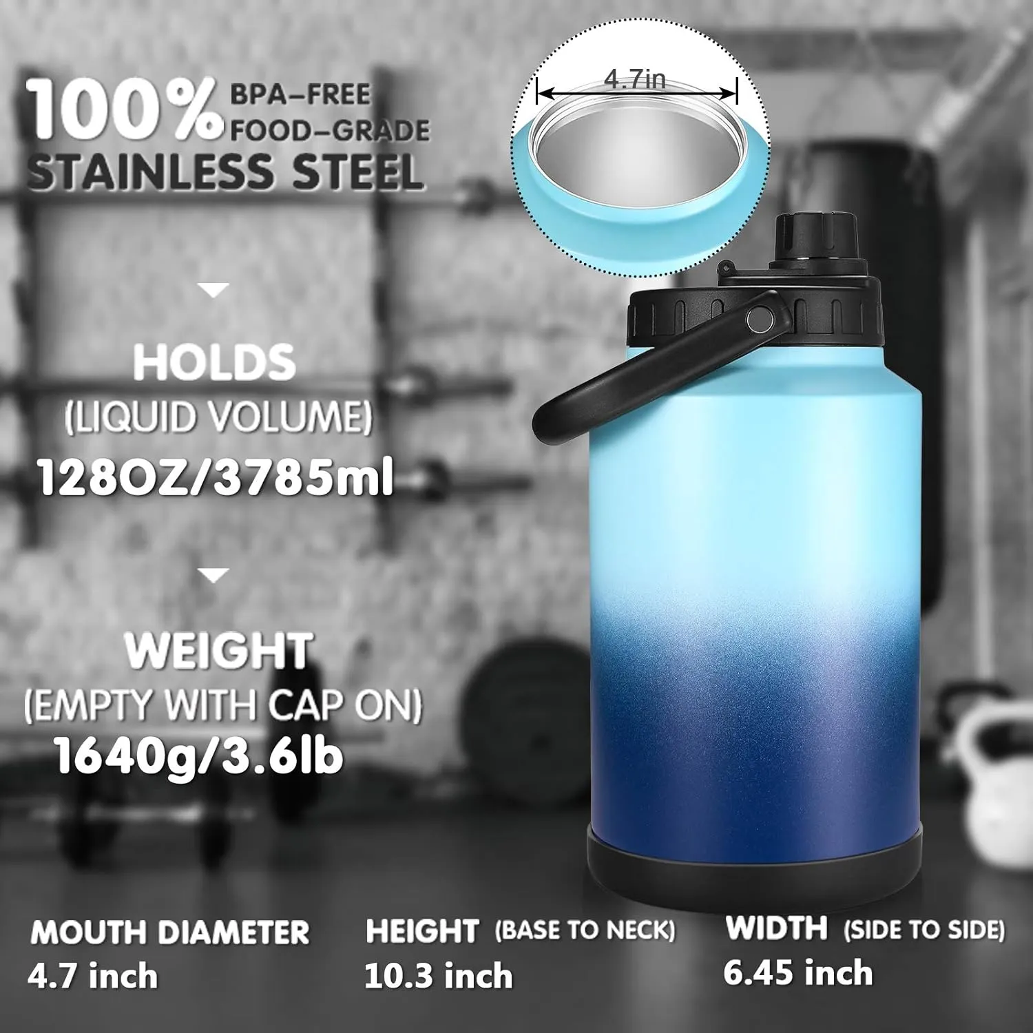 Sursip One Gallon Insulated Water Jug wtih Straw,128 Oz Water Bottle,18/8 Food-grade,Keep Drinking Hot and Cold,Sweat Proof,Great for Travel/Hiking/Camping/Sports/Gaming/Gift(Black)