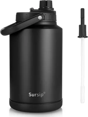 Sursip One Gallon Insulated Water Jug wtih Straw,128 Oz Water Bottle,18/8 Food-grade,Keep Drinking Hot and Cold,Sweat Proof,Great for Travel/Hiking/Camping/Sports/Gaming/Gift(Black)