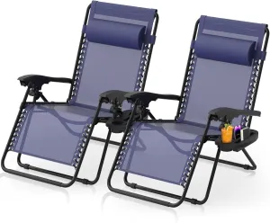 Suteck Zero Gravity Chairs Set of 2, Zero Gravity Lounge Chair w/Upgraded Lock, Big Cup Holder and Pillow, Reclining Patio Chairs Folding Recliner for Indoor and Outdoor, Blue