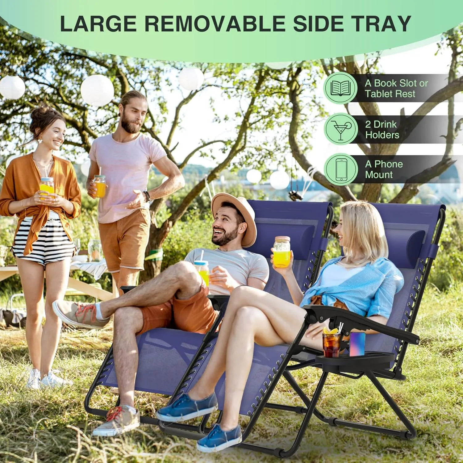 Suteck Zero Gravity Chairs Set of 2, Zero Gravity Lounge Chair w/Upgraded Lock, Big Cup Holder and Pillow, Reclining Patio Chairs Folding Recliner for Indoor and Outdoor, Blue