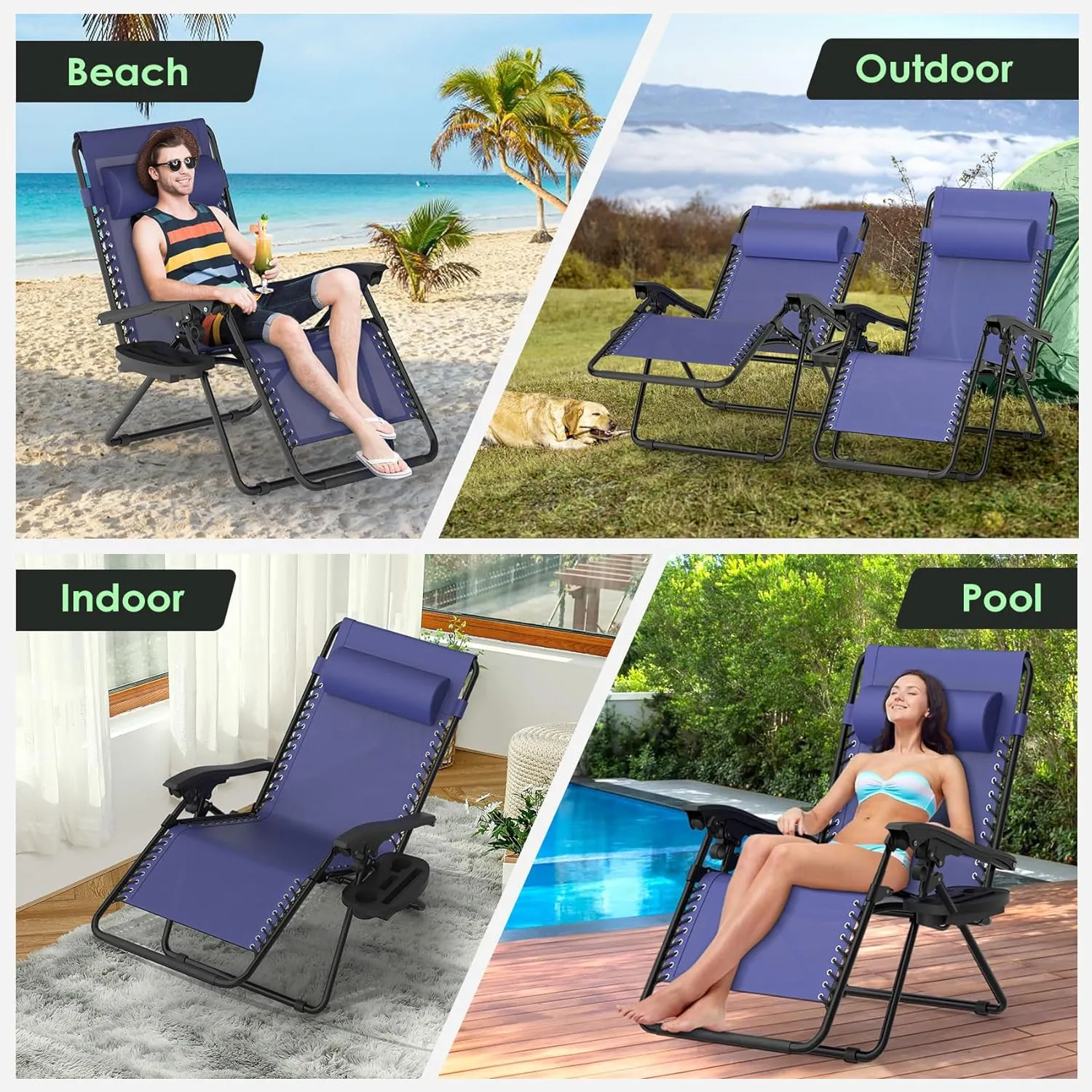 Suteck Zero Gravity Chairs Set of 2, Zero Gravity Lounge Chair w/Upgraded Lock, Big Cup Holder and Pillow, Reclining Patio Chairs Folding Recliner for Indoor and Outdoor, Blue