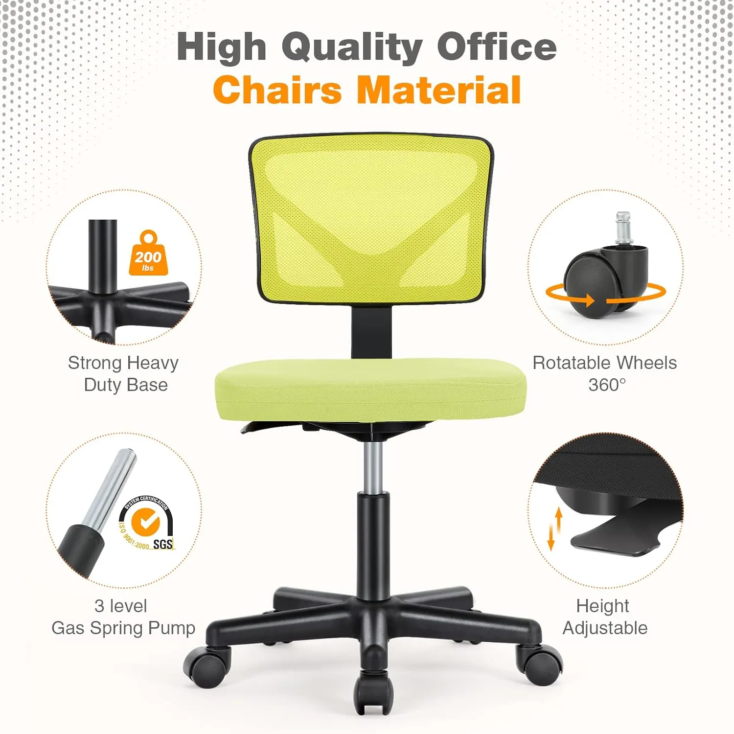 Sweetcrispy Office Computer Desk Chair, Ergonomic Low-Back Mesh Rolling Work Swivel Chairs with Wheels, Armless Comfortable Seat Lumbar Support for Home, Bedroom, Study, Student, Adults, Green