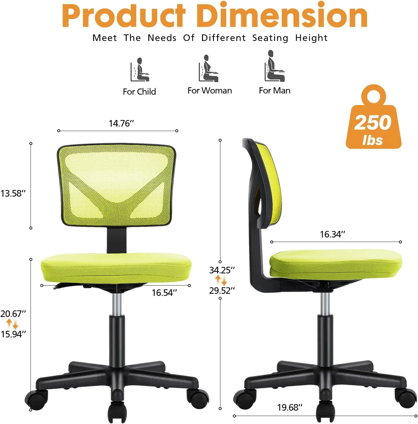 Sweetcrispy Office Computer Desk Chair, Ergonomic Low-Back Mesh Rolling Work Swivel Chairs with Wheels, Armless Comfortable Seat Lumbar Support for Home, Bedroom, Study, Student, Adults, Green