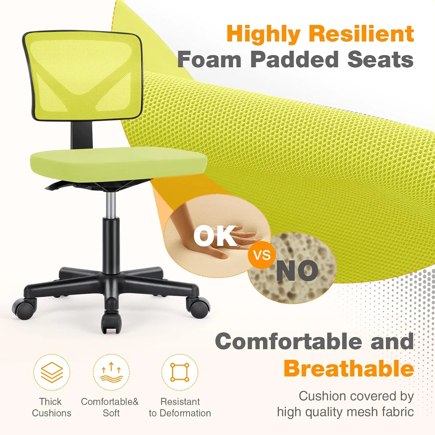 Sweetcrispy Office Computer Desk Chair, Ergonomic Low-Back Mesh Rolling Work Swivel Chairs with Wheels, Armless Comfortable Seat Lumbar Support for Home, Bedroom, Study, Student, Adults, Green