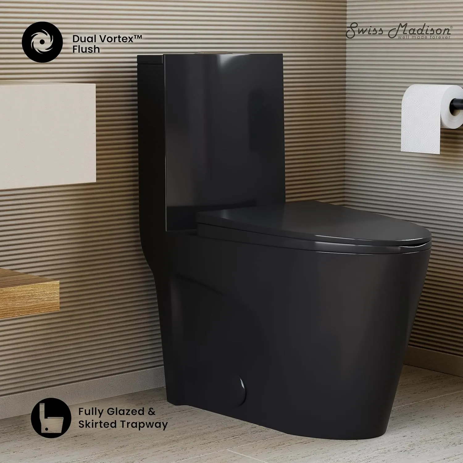 Swiss Madison St. Tropez SM-1T254GB One Piece Elongated Toilet with Comfort Chair Seat ADA Height Vortex™ Flush in Glossy Black 1.1/1.6 gpf
