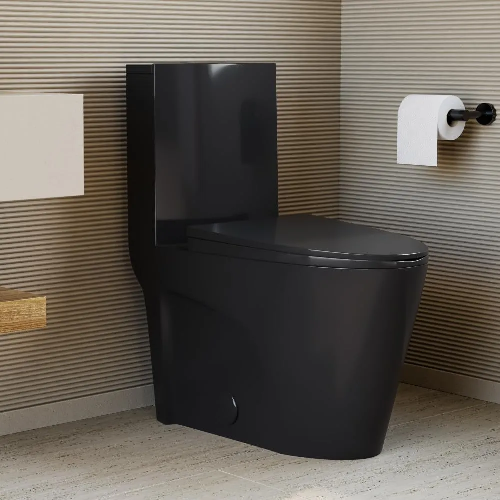 Swiss Madison St. Tropez SM-1T254GB One Piece Elongated Toilet with Comfort Chair Seat ADA Height Vortex™ Flush in Glossy Black 1.1/1.6 gpf