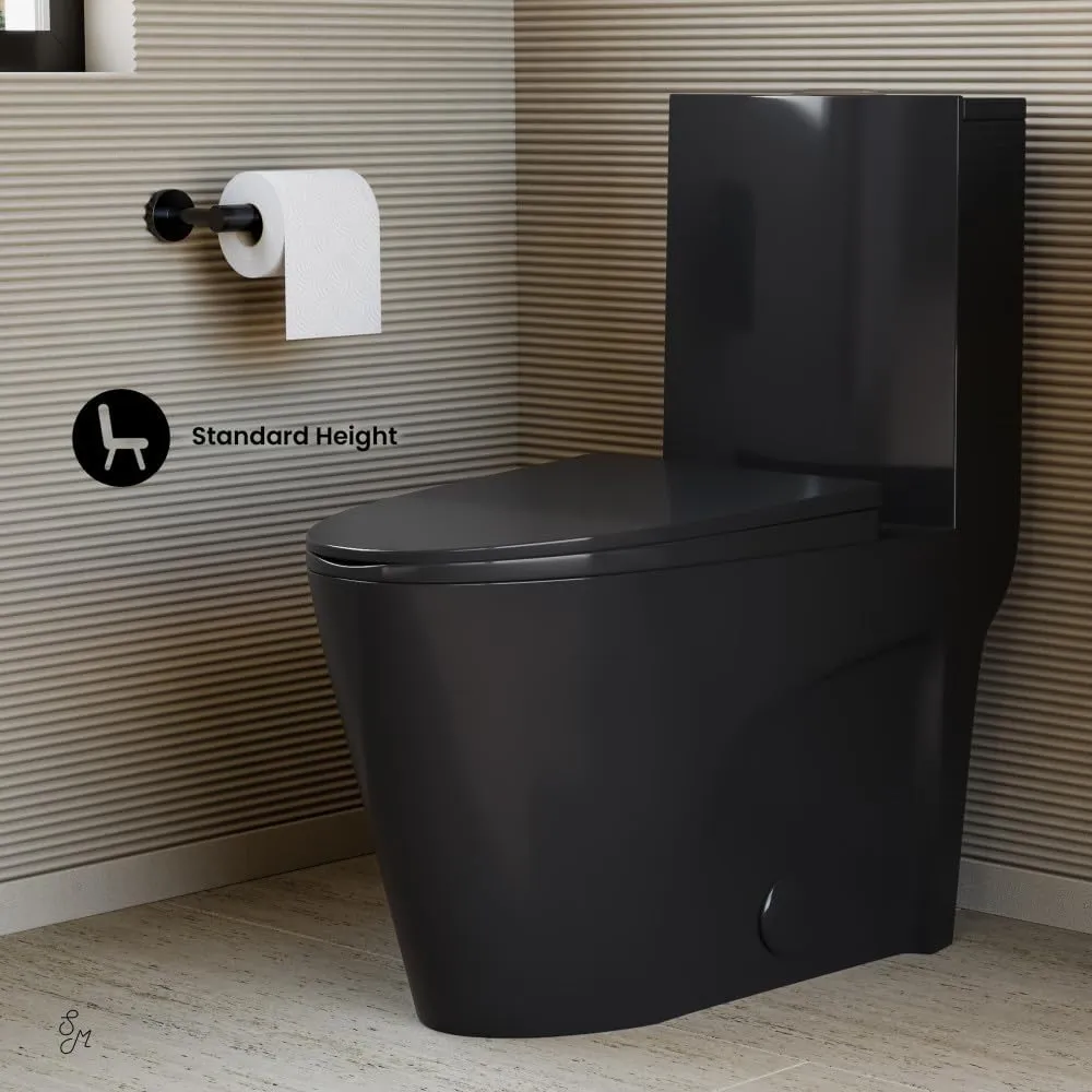 Swiss Madison St. Tropez SM-1T254GB One Piece Elongated Toilet with Comfort Chair Seat ADA Height Vortex™ Flush in Glossy Black 1.1/1.6 gpf