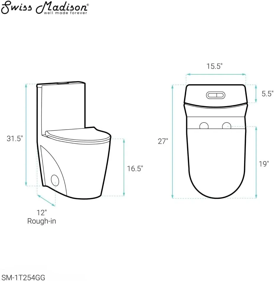 Swiss Madison St. Tropez SM-1T254GG One-Piece Elongated Toilet Vortex Dual-Flush 1.1/1.6 gpf with Comfort Chair Seat ADA Height in Glossy Gray