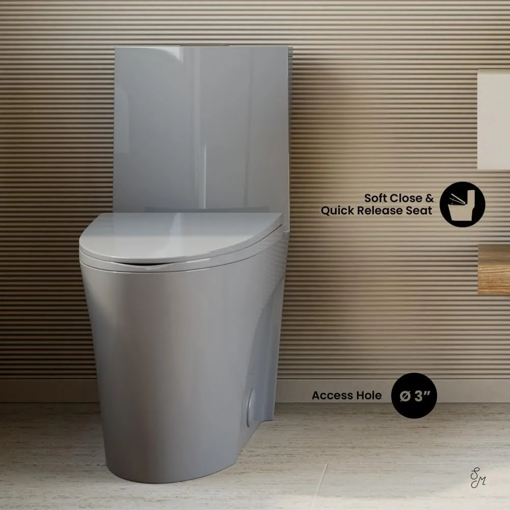 Swiss Madison St. Tropez SM-1T254GG One-Piece Elongated Toilet Vortex Dual-Flush 1.1/1.6 gpf with Comfort Chair Seat ADA Height in Glossy Gray