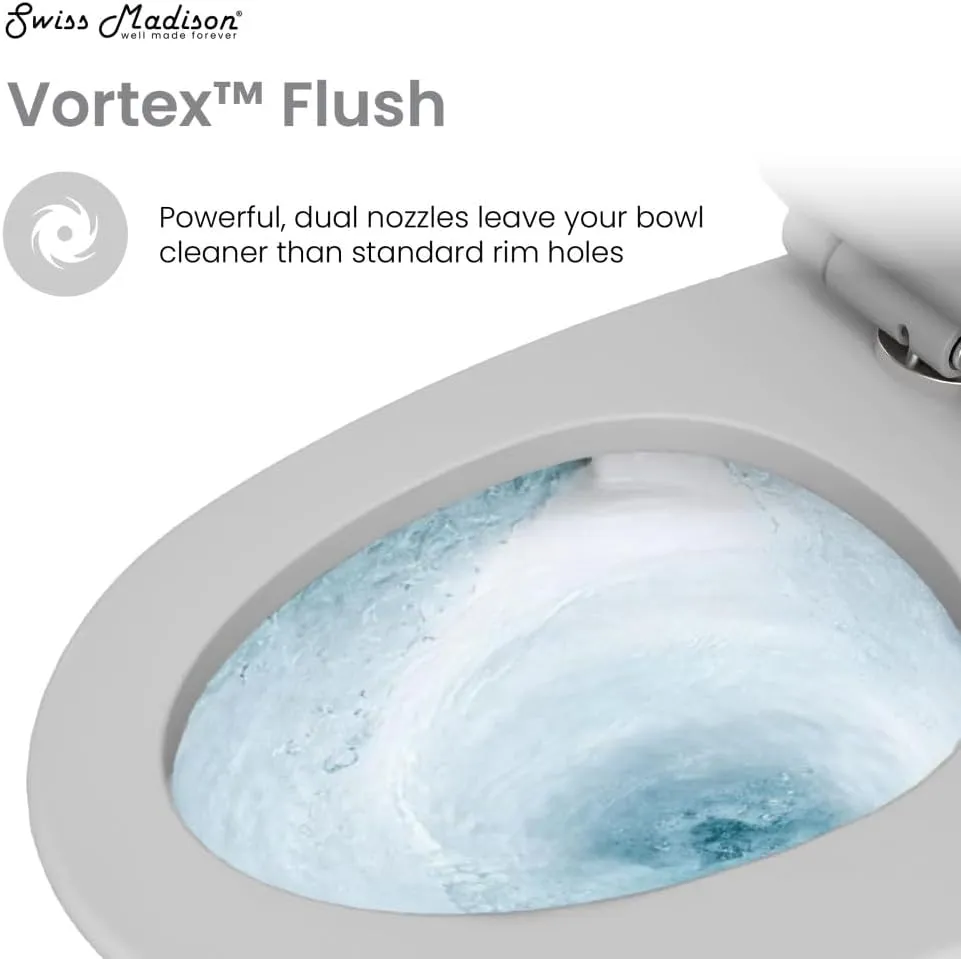 Swiss Madison St. Tropez SM-1T254GG One-Piece Elongated Toilet Vortex Dual-Flush 1.1/1.6 gpf with Comfort Chair Seat ADA Height in Glossy Gray