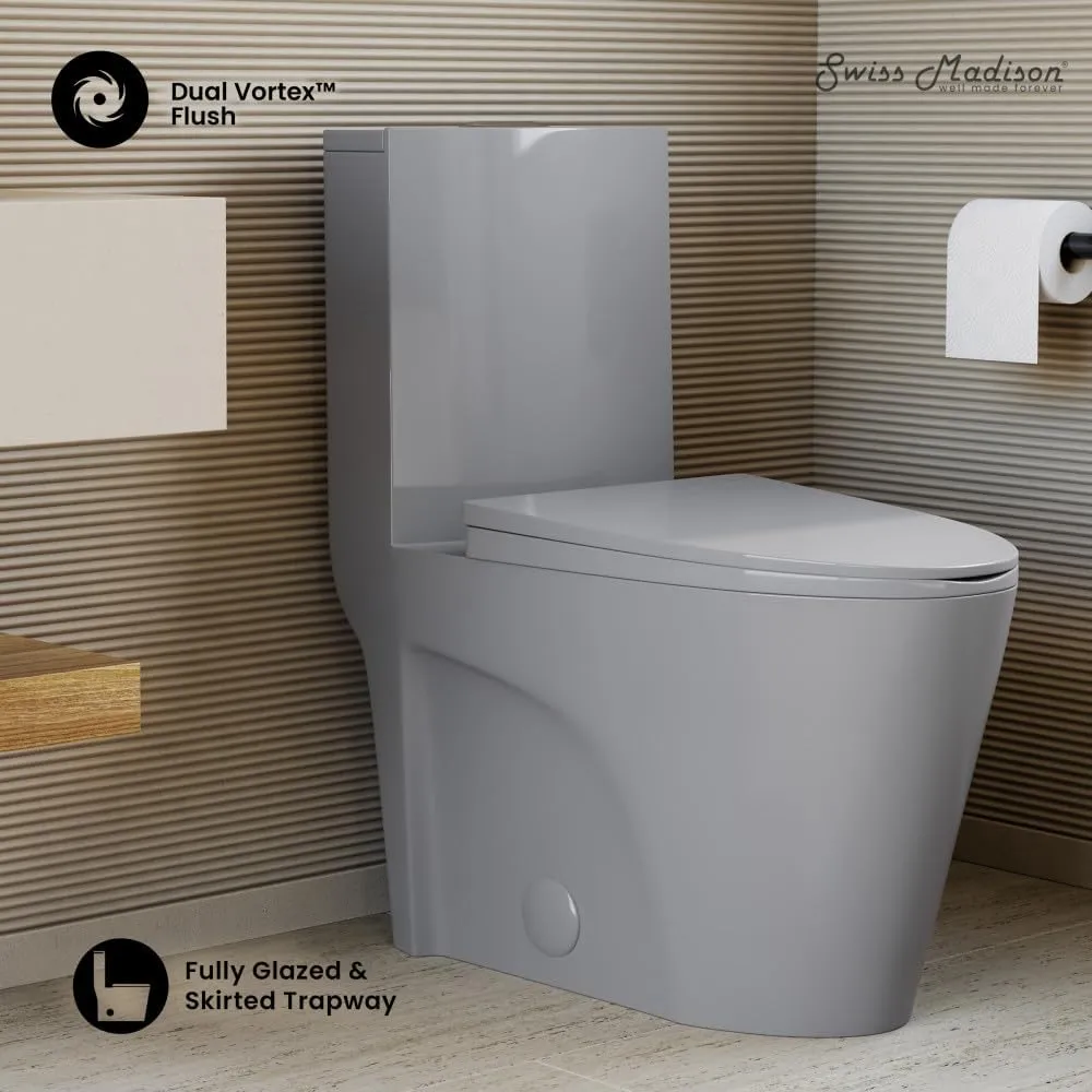 Swiss Madison St. Tropez SM-1T254GG One-Piece Elongated Toilet Vortex Dual-Flush 1.1/1.6 gpf with Comfort Chair Seat ADA Height in Glossy Gray