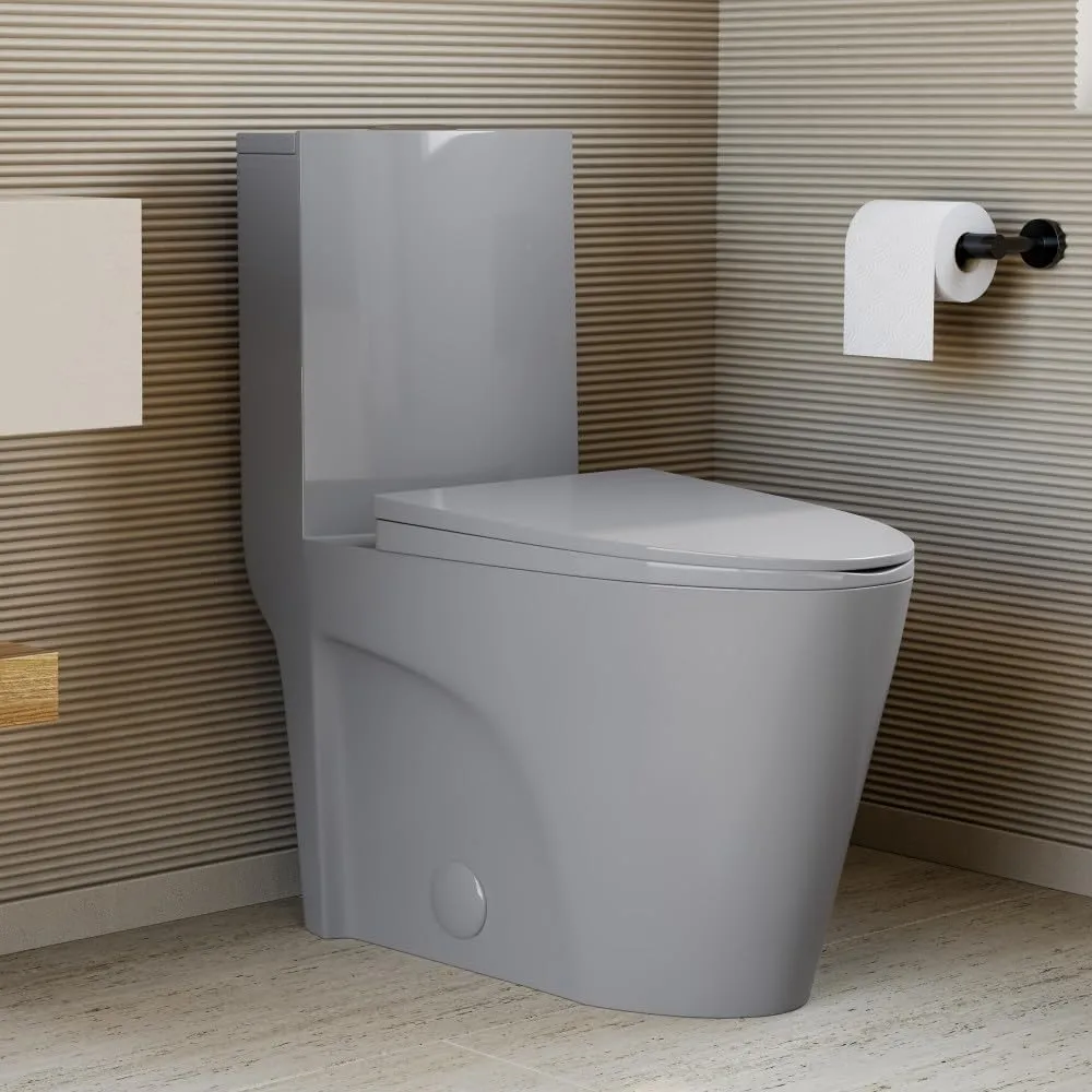 Swiss Madison St. Tropez SM-1T254GG One-Piece Elongated Toilet Vortex Dual-Flush 1.1/1.6 gpf with Comfort Chair Seat ADA Height in Glossy Gray