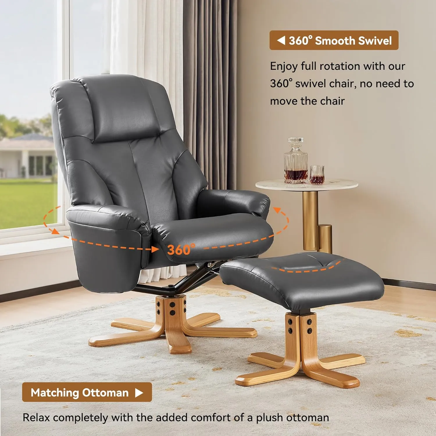 Swivel Recliner Chair with Ottoman, Stylish Faux Leather Reclining Chair for Adults, 360° Swivel, Small Recliners for Small Spaces, Chairs for Living Room, Study, RV Recliners (Dark Gray)