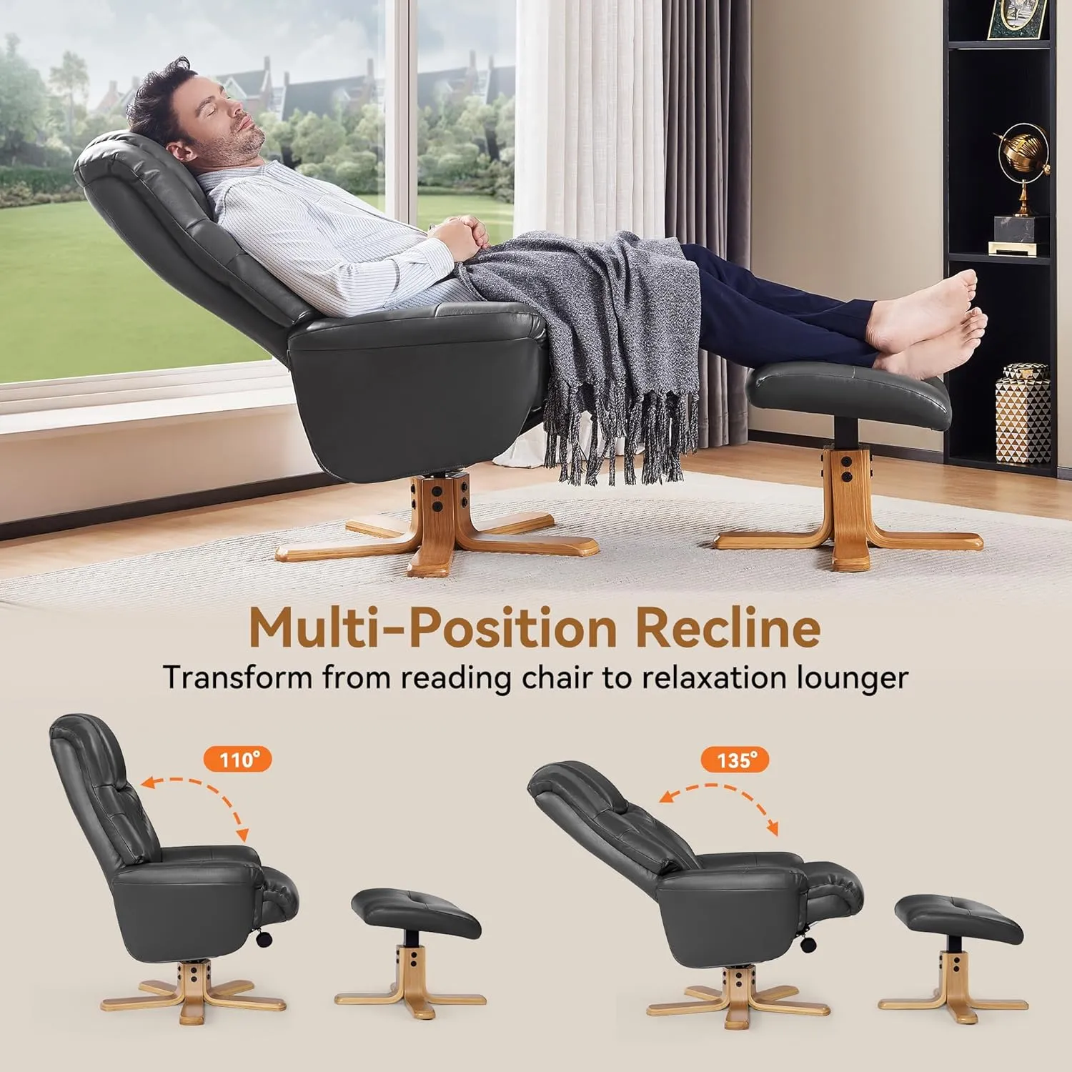 Swivel Recliner Chair with Ottoman, Stylish Faux Leather Reclining Chair for Adults, 360° Swivel, Small Recliners for Small Spaces, Chairs for Living Room, Study, RV Recliners (Dark Gray)