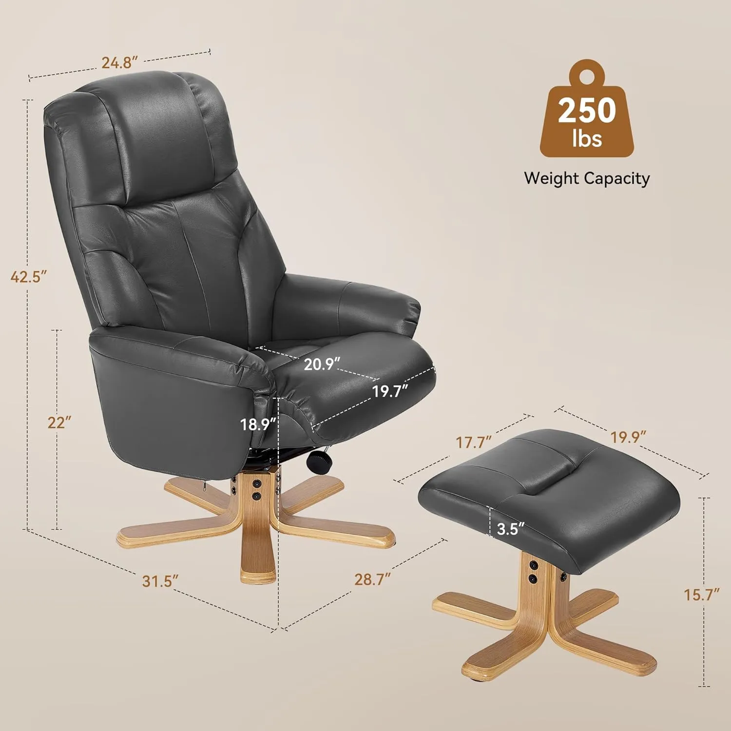 Swivel Recliner Chair with Ottoman, Stylish Faux Leather Reclining Chair for Adults, 360° Swivel, Small Recliners for Small Spaces, Chairs for Living Room, Study, RV Recliners (Dark Gray)