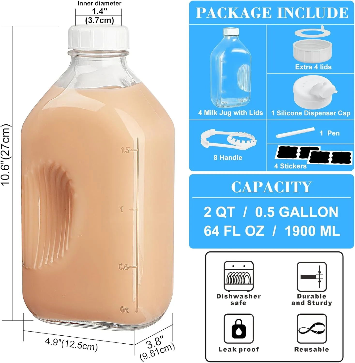 Syntic 4 Pack 2 Qt Glass Milk Bottles with Handle and Airtight Reusable Screw Lids, 1/2 Gal Glass Water & Juice Bottles, 64 Oz Milk Jug Pitcher w Scale