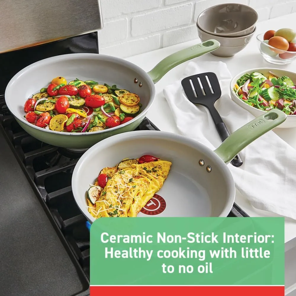 T-fal Recycled Ceramic Non Stick Fry Pan Set 2 Piece, Oven Broiler Safe 350F, Healthy Cooking, Skillets, Kitchen Frying Pans, Pots and Pans Set, Cookware, Dishwasher Safe, Reduced Eco-impact, Green