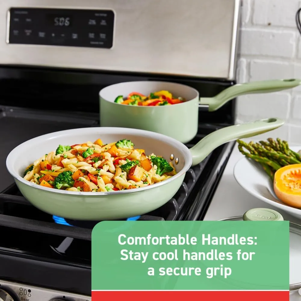 T-fal Recycled Ceramic Non Stick Fry Pan Set 2 Piece, Oven Broiler Safe 350F, Healthy Cooking, Skillets, Kitchen Frying Pans, Pots and Pans Set, Cookware, Dishwasher Safe, Reduced Eco-impact, Green