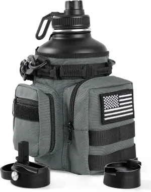Tactical Half Gallon Water Bottle with Straw, 64 oz Insulated Water Jug with Molle Sleeve, Stainless Steel Sport Battle Bottle with 3 BPA Free Lids for Gym Workout Hiking (Gray)