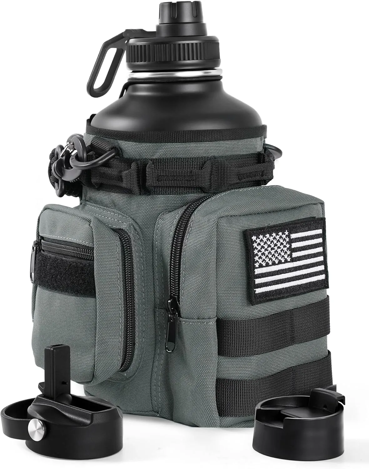 Tactical Half Gallon Water Bottle with Straw, 64 oz Insulated Water Jug with Molle Sleeve, Stainless Steel Sport Battle Bottle with 3 BPA Free Lids for Gym Workout Hiking (Gray)
