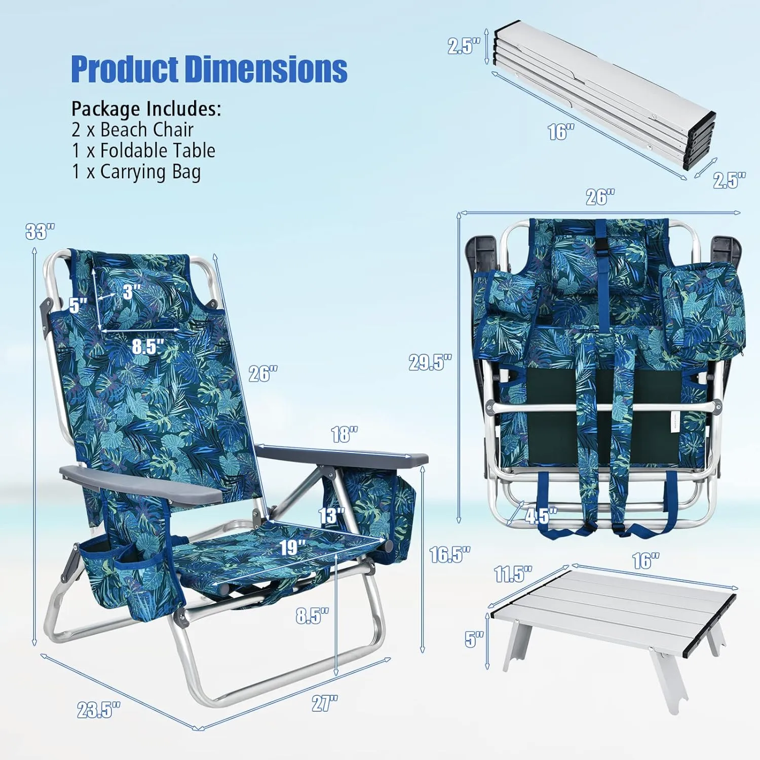 Tangkula Backpack Beach Chair with Table, 5-Position Lay Flat Beach Chairs with Cooler Bag, 2 Cup Holders, Towel Bar, Lightweight Low Folding Beach Chair with Backpack Straps, Navy