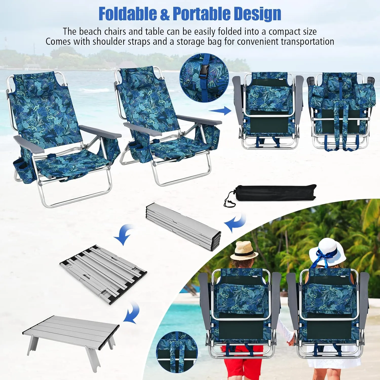 Tangkula Backpack Beach Chair with Table, 5-Position Lay Flat Beach Chairs with Cooler Bag, 2 Cup Holders, Towel Bar, Lightweight Low Folding Beach Chair with Backpack Straps, Navy