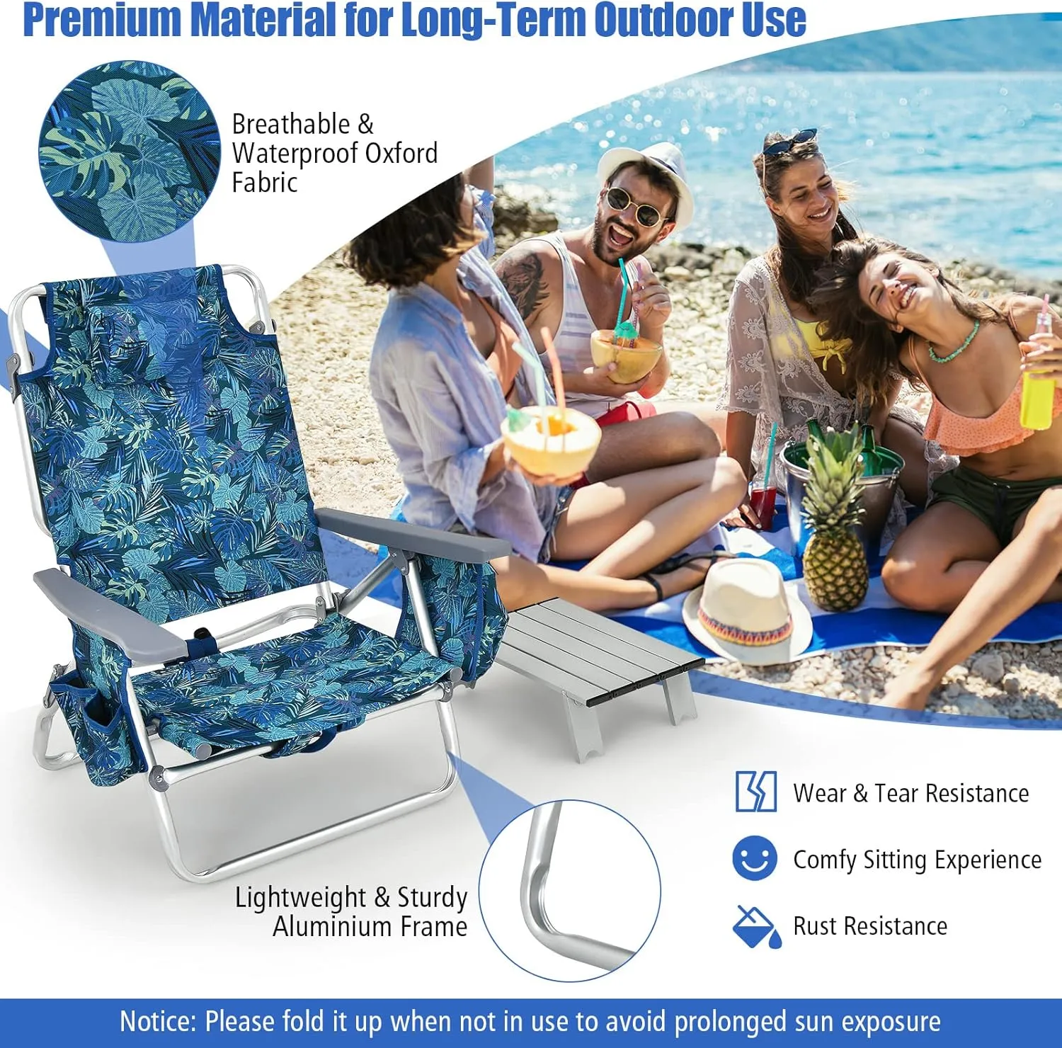 Tangkula Backpack Beach Chair with Table, 5-Position Lay Flat Beach Chairs with Cooler Bag, 2 Cup Holders, Towel Bar, Lightweight Low Folding Beach Chair with Backpack Straps, Navy
