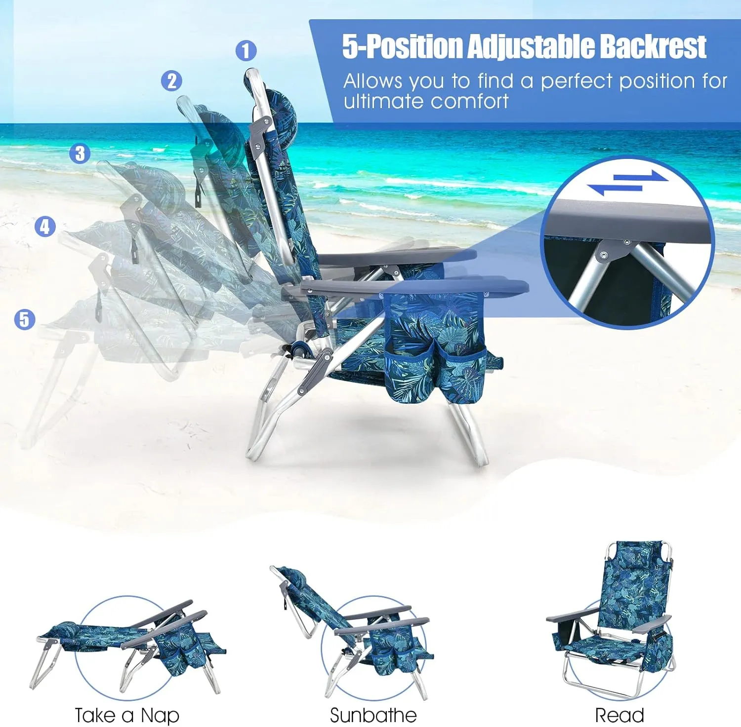 Tangkula Backpack Beach Chair with Table, 5-Position Lay Flat Beach Chairs with Cooler Bag, 2 Cup Holders, Towel Bar, Lightweight Low Folding Beach Chair with Backpack Straps, Navy