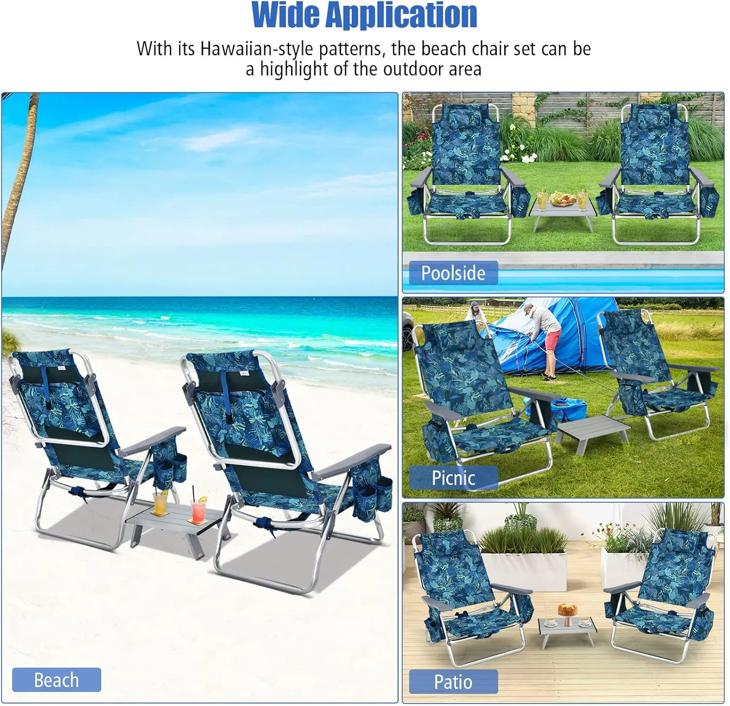 Tangkula Backpack Beach Chair with Table, 5-Position Lay Flat Beach Chairs with Cooler Bag, 2 Cup Holders, Towel Bar, Lightweight Low Folding Beach Chair with Backpack Straps, Navy