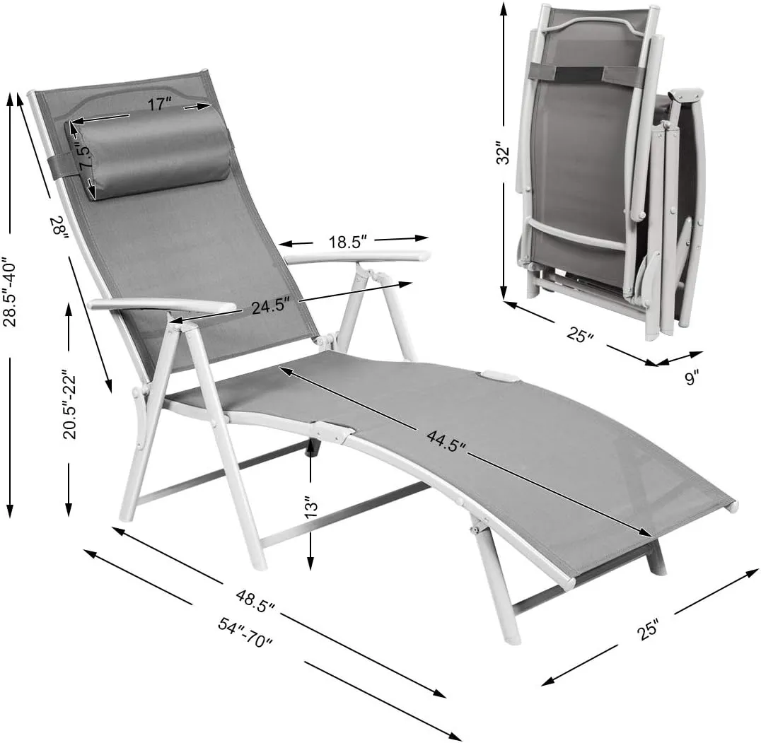 Tangkula Outdoor Folding Chaise Lounge Chair, Lightweight Recliner Chair w/ 7 Adjustable Backrest Positions, Patio Reclining Beach w/Removable Cushion & Pillow for Patio Poolside No Assembly Required