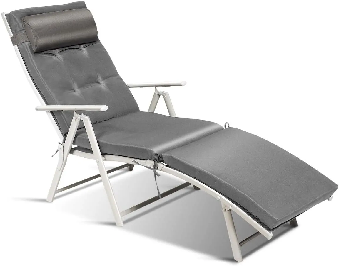 Tangkula Outdoor Folding Chaise Lounge Chair, Lightweight Recliner Chair w/ 7 Adjustable Backrest Positions, Patio Reclining Beach w/Removable Cushion & Pillow for Patio Poolside No Assembly Required