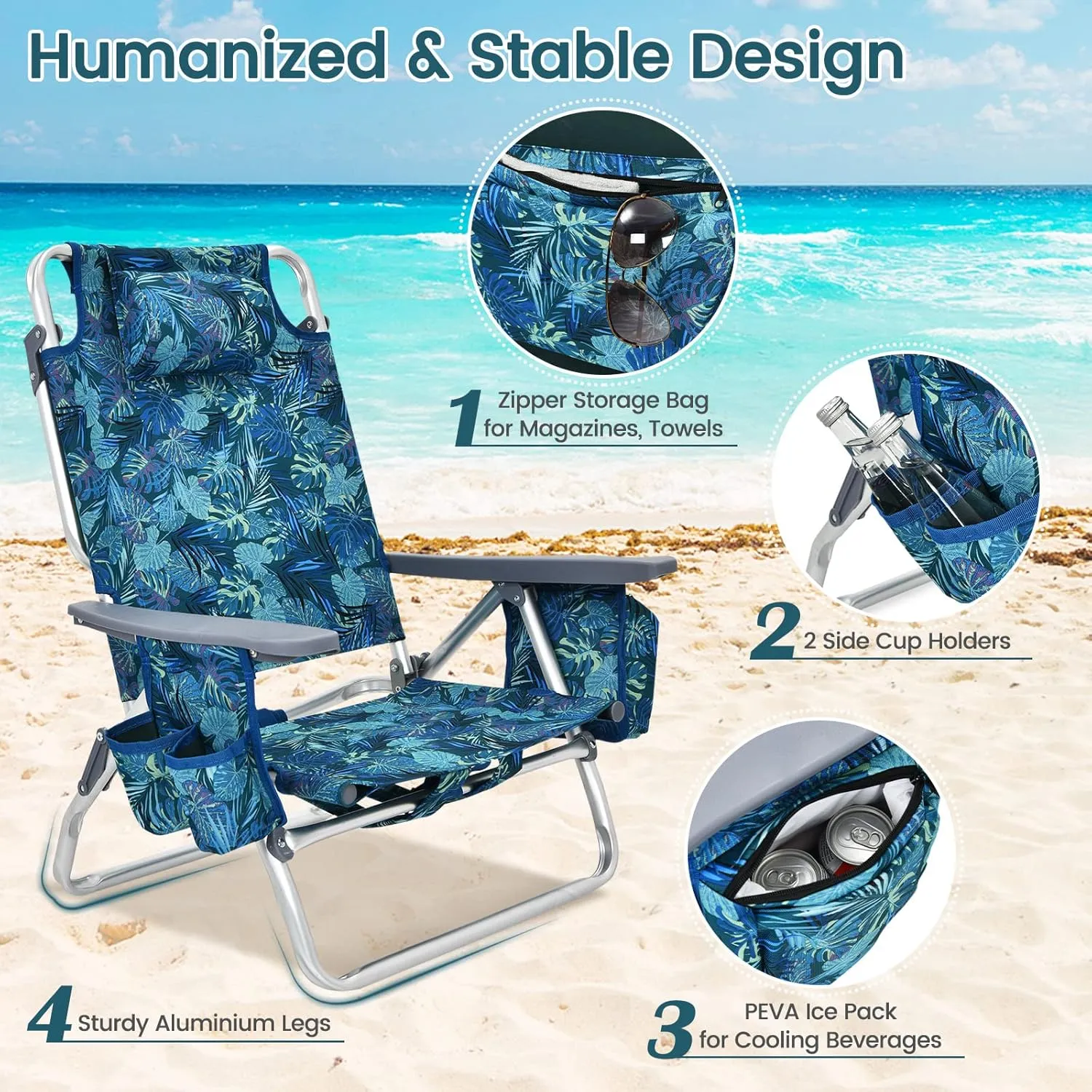 Tangkula Set of 4 Backpack Beach Chair, 5-Position Lay Flat Beach Chairs with Cooler Bag, 2 Cup Holders, Towel Bar, Lightweight Low Folding Beach Chair with Backpack Straps, Navy