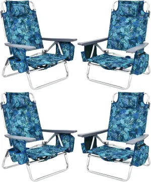 Tangkula Set of 4 Backpack Beach Chair, 5-Position Lay Flat Beach Chairs with Cooler Bag, 2 Cup Holders, Towel Bar, Lightweight Low Folding Beach Chair with Backpack Straps, Navy