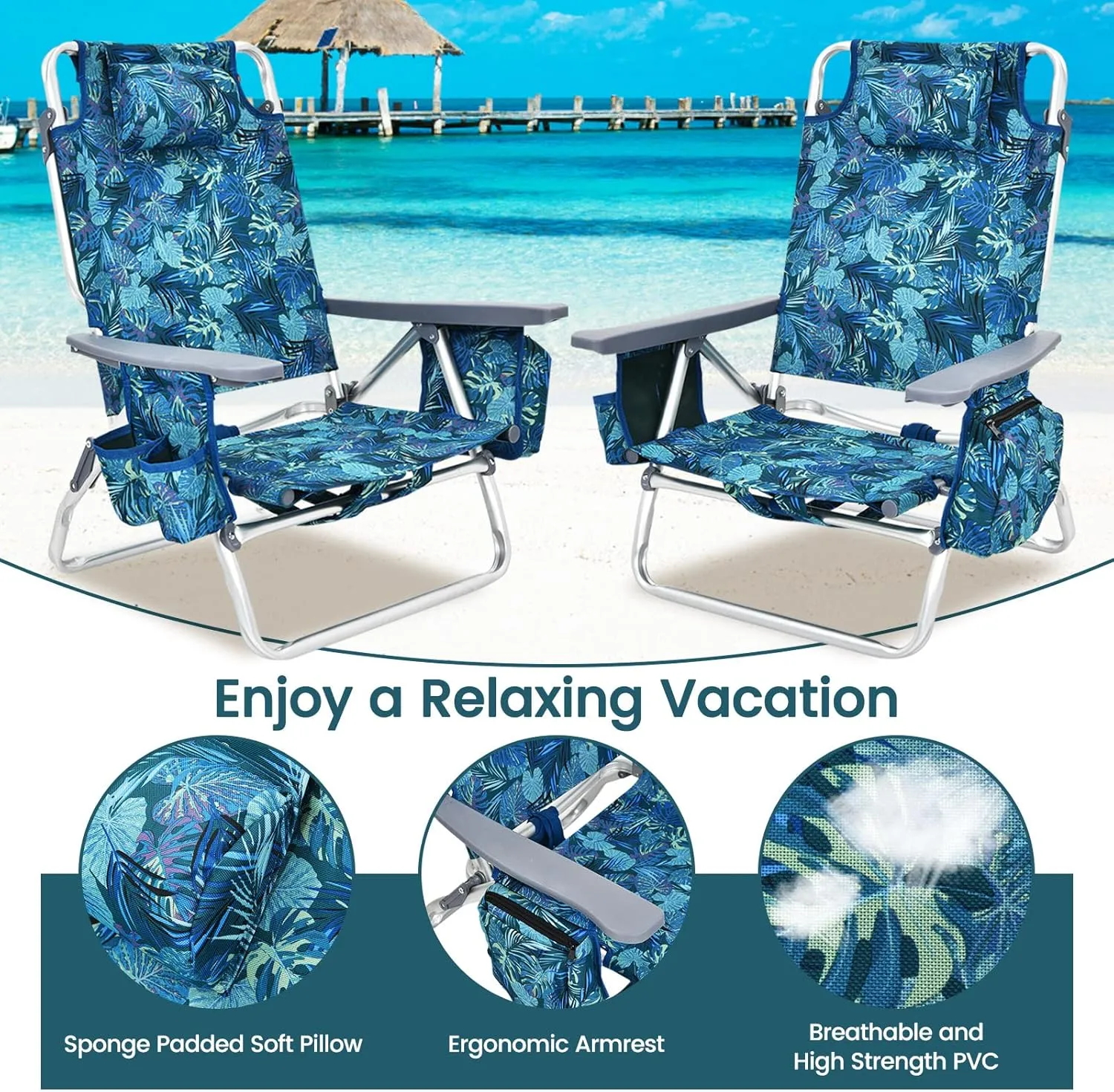 Tangkula Set of 4 Backpack Beach Chair, 5-Position Lay Flat Beach Chairs with Cooler Bag, 2 Cup Holders, Towel Bar, Lightweight Low Folding Beach Chair with Backpack Straps, Navy