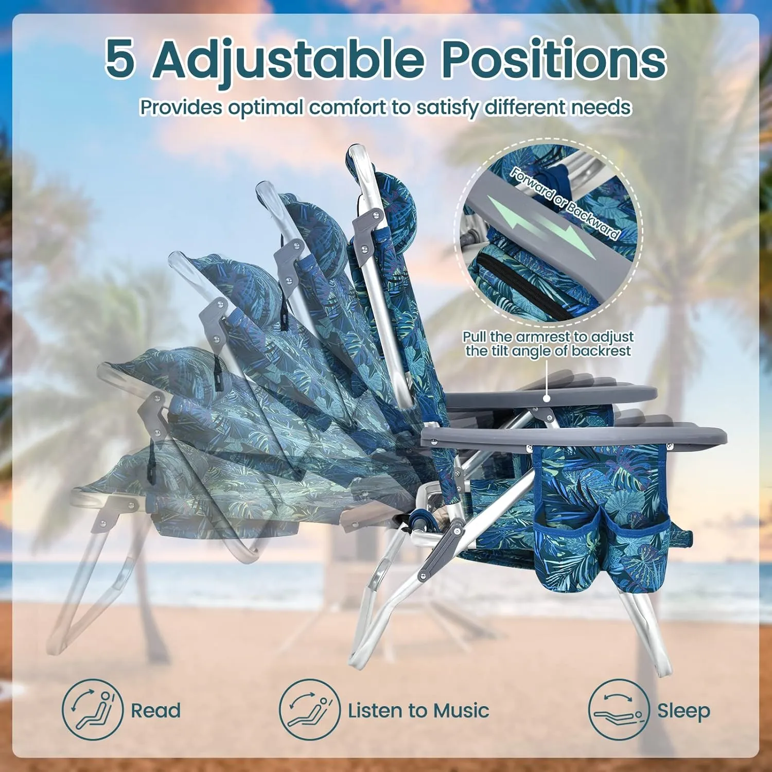Tangkula Set of 4 Backpack Beach Chair, 5-Position Lay Flat Beach Chairs with Cooler Bag, 2 Cup Holders, Towel Bar, Lightweight Low Folding Beach Chair with Backpack Straps, Navy