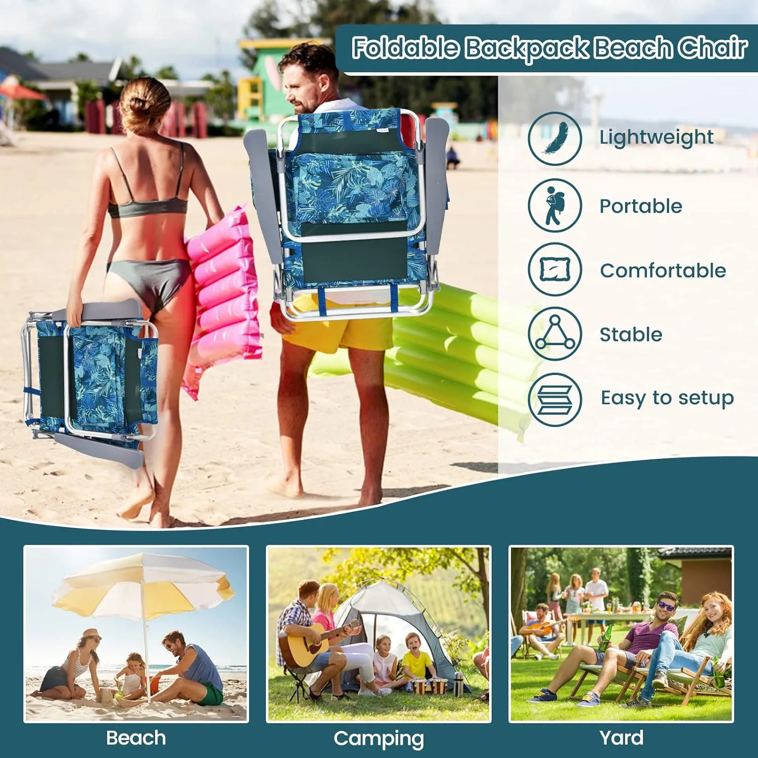 Tangkula Set of 4 Backpack Beach Chair, 5-Position Lay Flat Beach Chairs with Cooler Bag, 2 Cup Holders, Towel Bar, Lightweight Low Folding Beach Chair with Backpack Straps, Navy