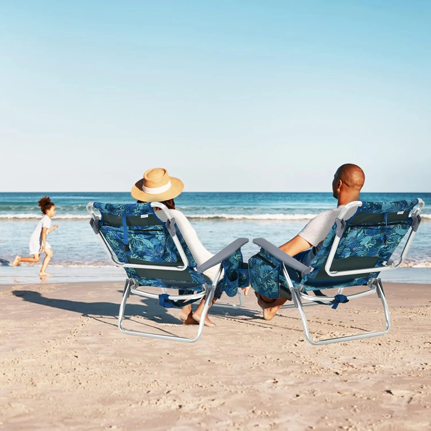 Tangkula Set of 4 Backpack Beach Chair, 5-Position Lay Flat Beach Chairs with Cooler Bag, 2 Cup Holders, Towel Bar, Lightweight Low Folding Beach Chair with Backpack Straps, Navy
