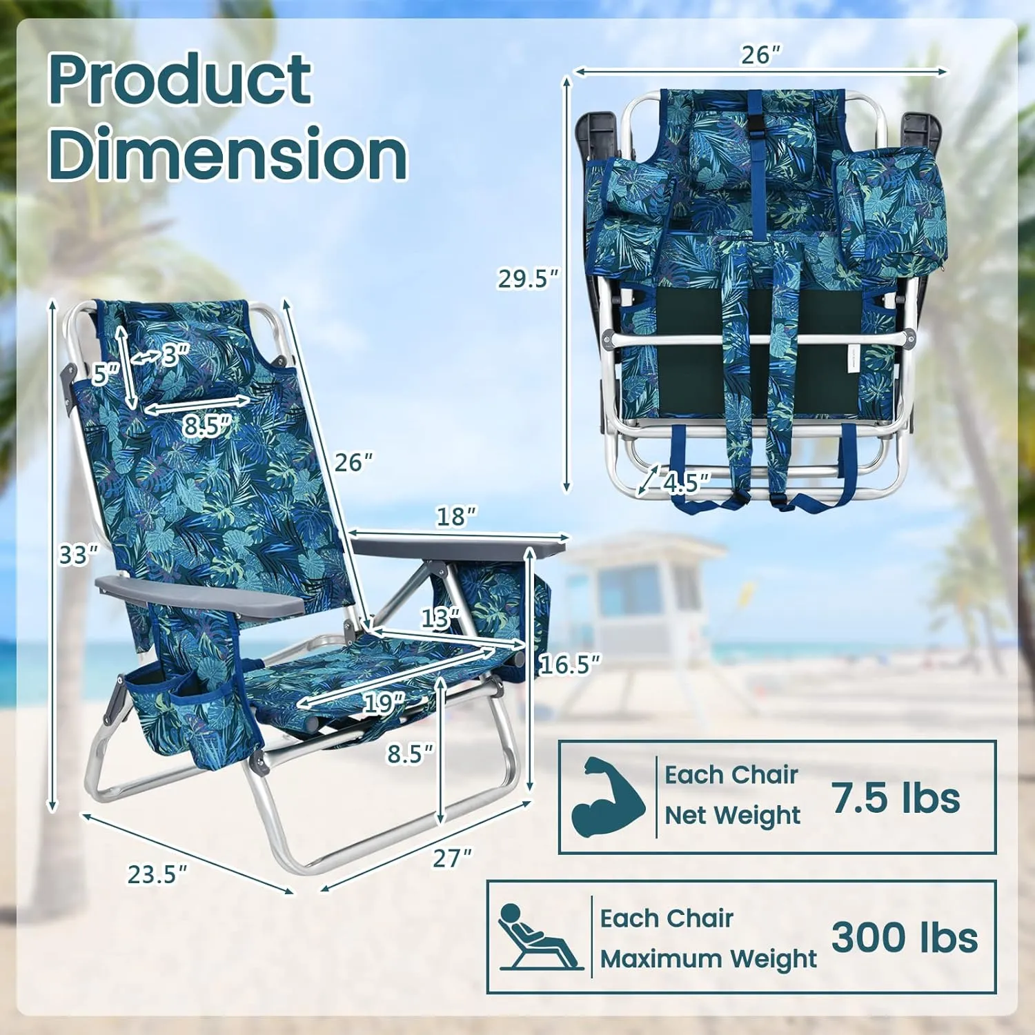 Tangkula Set of 4 Backpack Beach Chair, 5-Position Lay Flat Beach Chairs with Cooler Bag, 2 Cup Holders, Towel Bar, Lightweight Low Folding Beach Chair with Backpack Straps, Navy