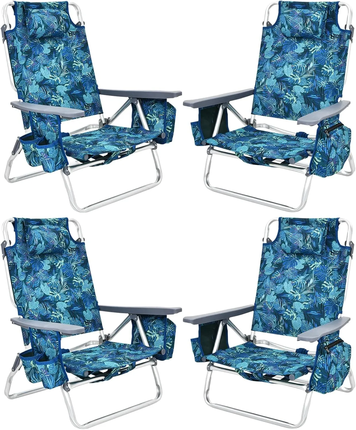 Tangkula Set of 4 Backpack Beach Chair, 5-Position Lay Flat Beach Chairs with Cooler Bag, 2 Cup Holders, Towel Bar, Lightweight Low Folding Beach Chair with Backpack Straps, Navy