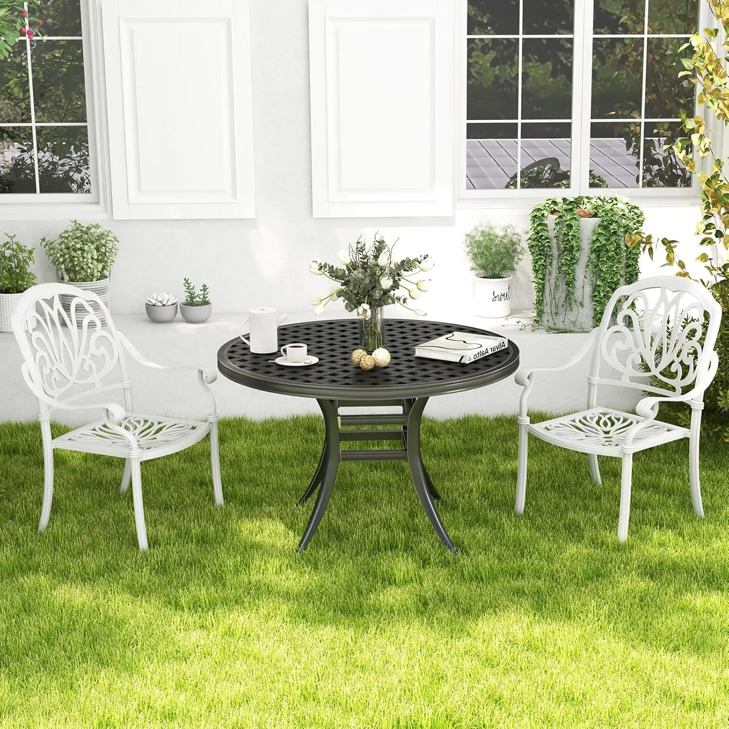 Tangkula Set of 4 Cast Aluminum Patio Dining Chairs, Stackable Outdoor Dining Chairs with Armrests, Outdoor Bistro Chairs for Balcony, Backyard, Garden