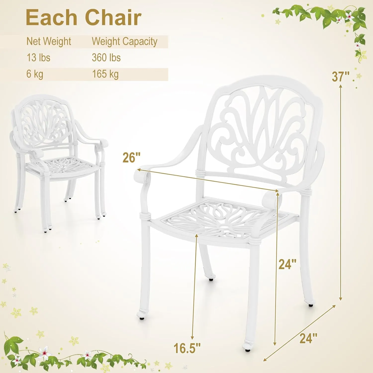 Tangkula Set of 4 Cast Aluminum Patio Dining Chairs, Stackable Outdoor Dining Chairs with Armrests, Outdoor Bistro Chairs for Balcony, Backyard, Garden