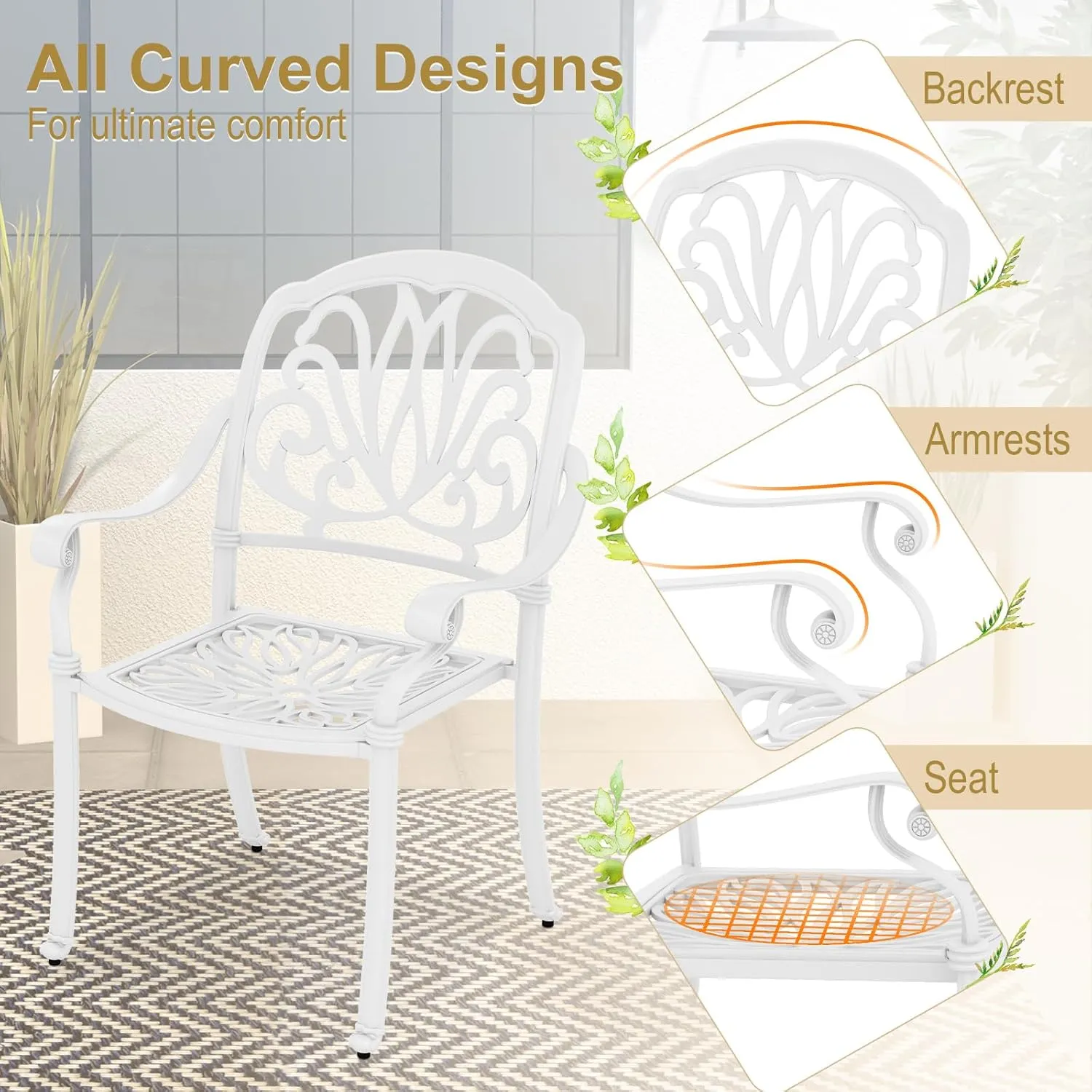 Tangkula Set of 4 Cast Aluminum Patio Dining Chairs, Stackable Outdoor Dining Chairs with Armrests, Outdoor Bistro Chairs for Balcony, Backyard, Garden