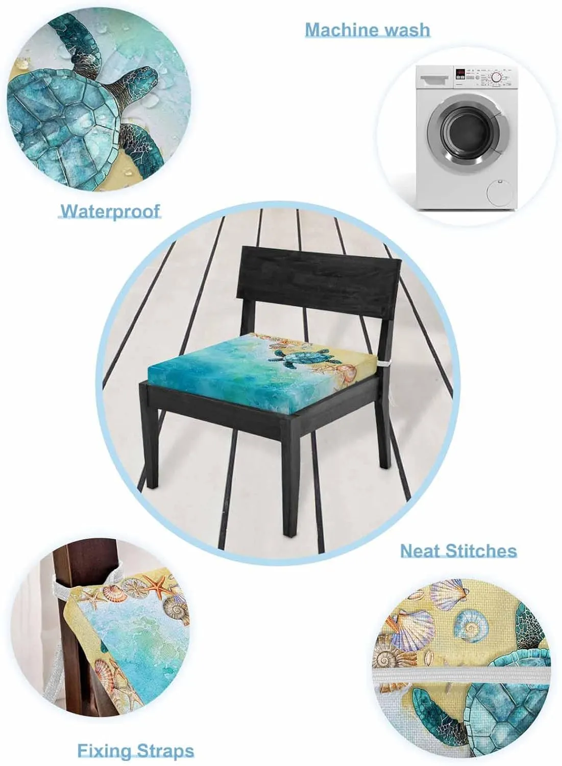 Teal Blue Coastal Outdoor Cushion Chair Cover Set of 2 - Waterproof Couch Seat Covers, Summer Beach Turtle Nautical Patio Furniture Protector Cushions Slipcovers for Sofa/RV, 24"x24"x4"