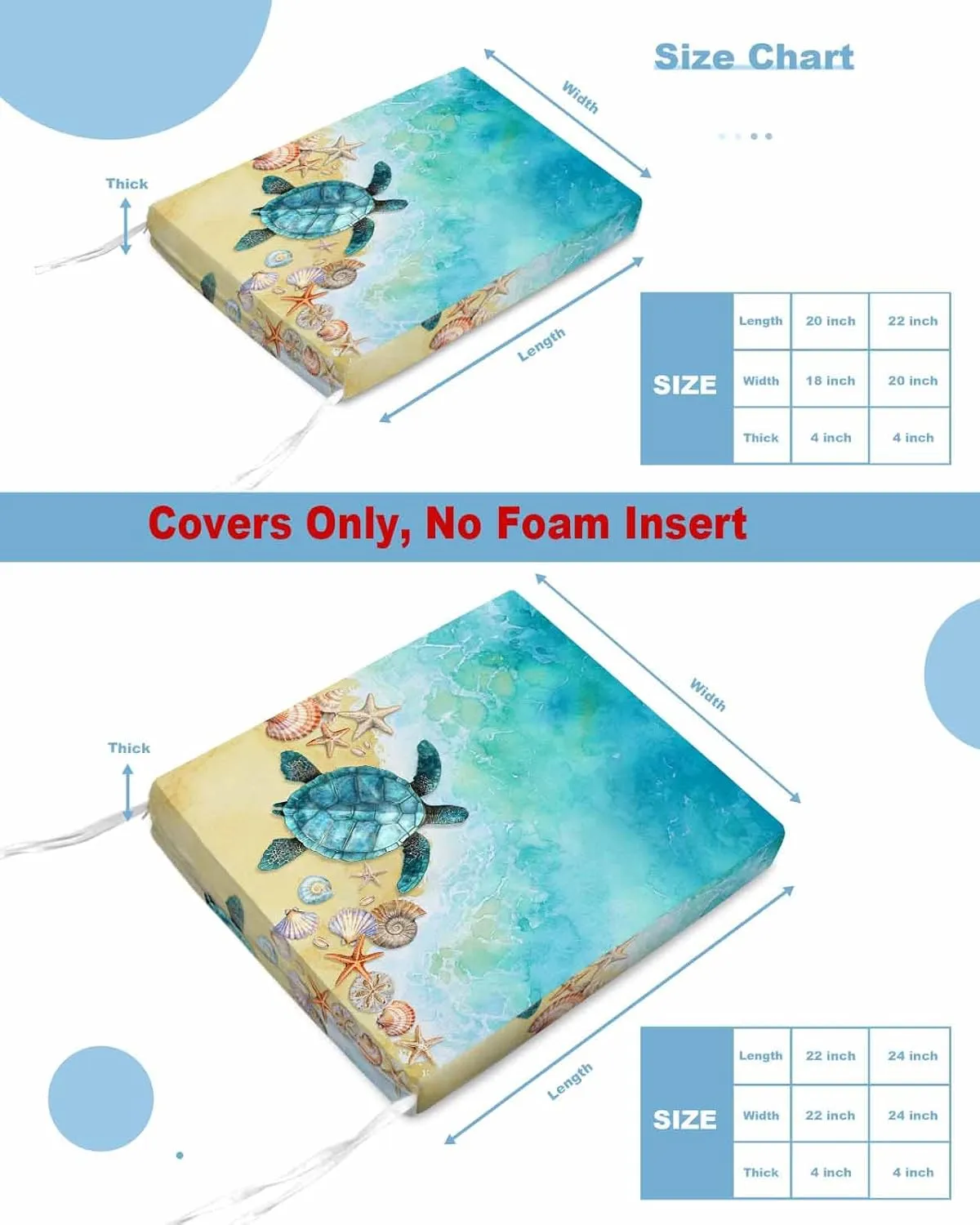 Teal Blue Coastal Outdoor Cushion Chair Cover Set of 2 - Waterproof Couch Seat Covers, Summer Beach Turtle Nautical Patio Furniture Protector Cushions Slipcovers for Sofa/RV, 24"x24"x4"