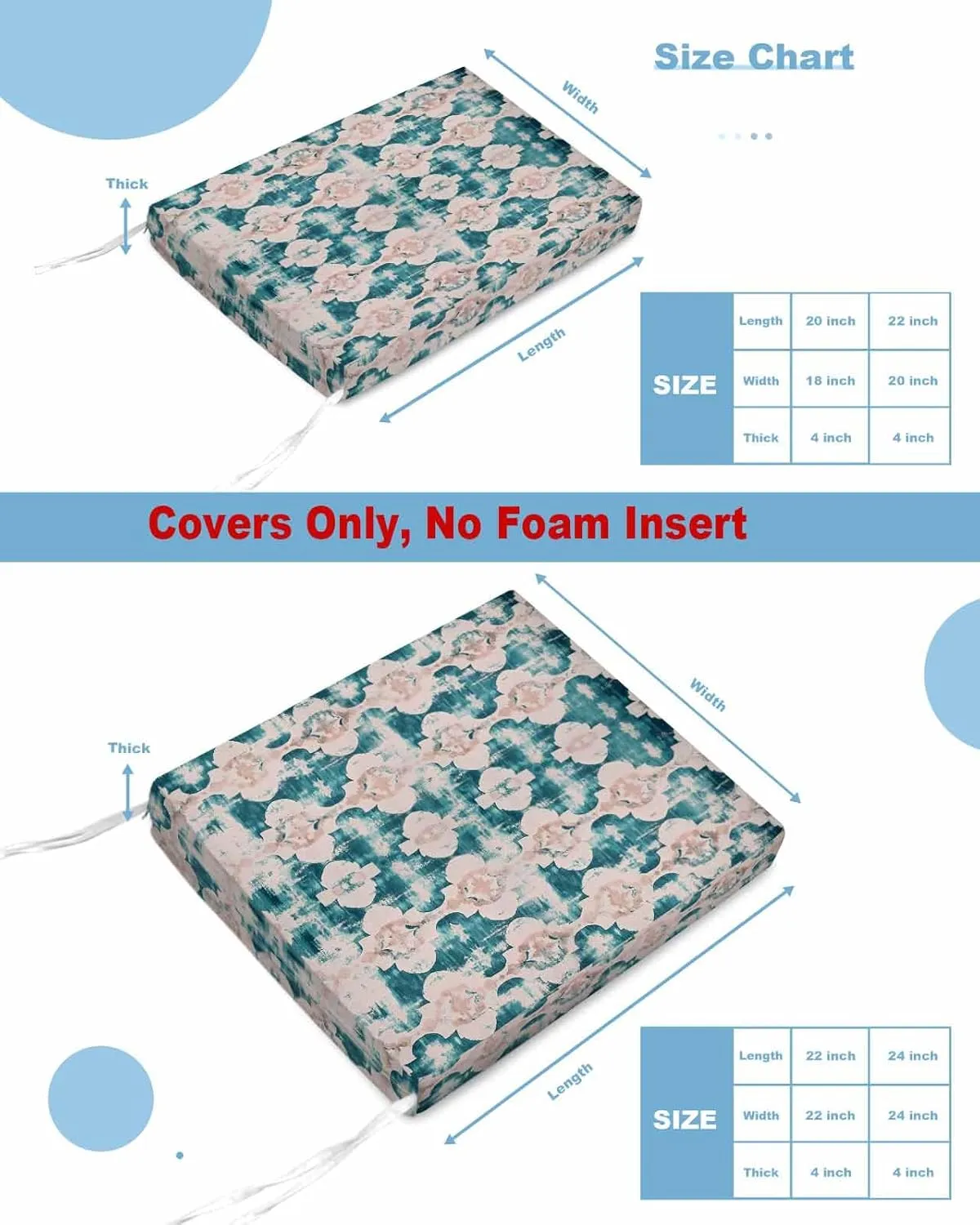 Teal Boho Outdoor Cushion Chair Cover Set of 4 - Waterproof Couch Seat Covers, Farmhouse Retro Ethnic Turkish Pattern Motifs Patio Furniture Protector Cushions Slipcovers for Sofa/RV, 22"x20"x4"