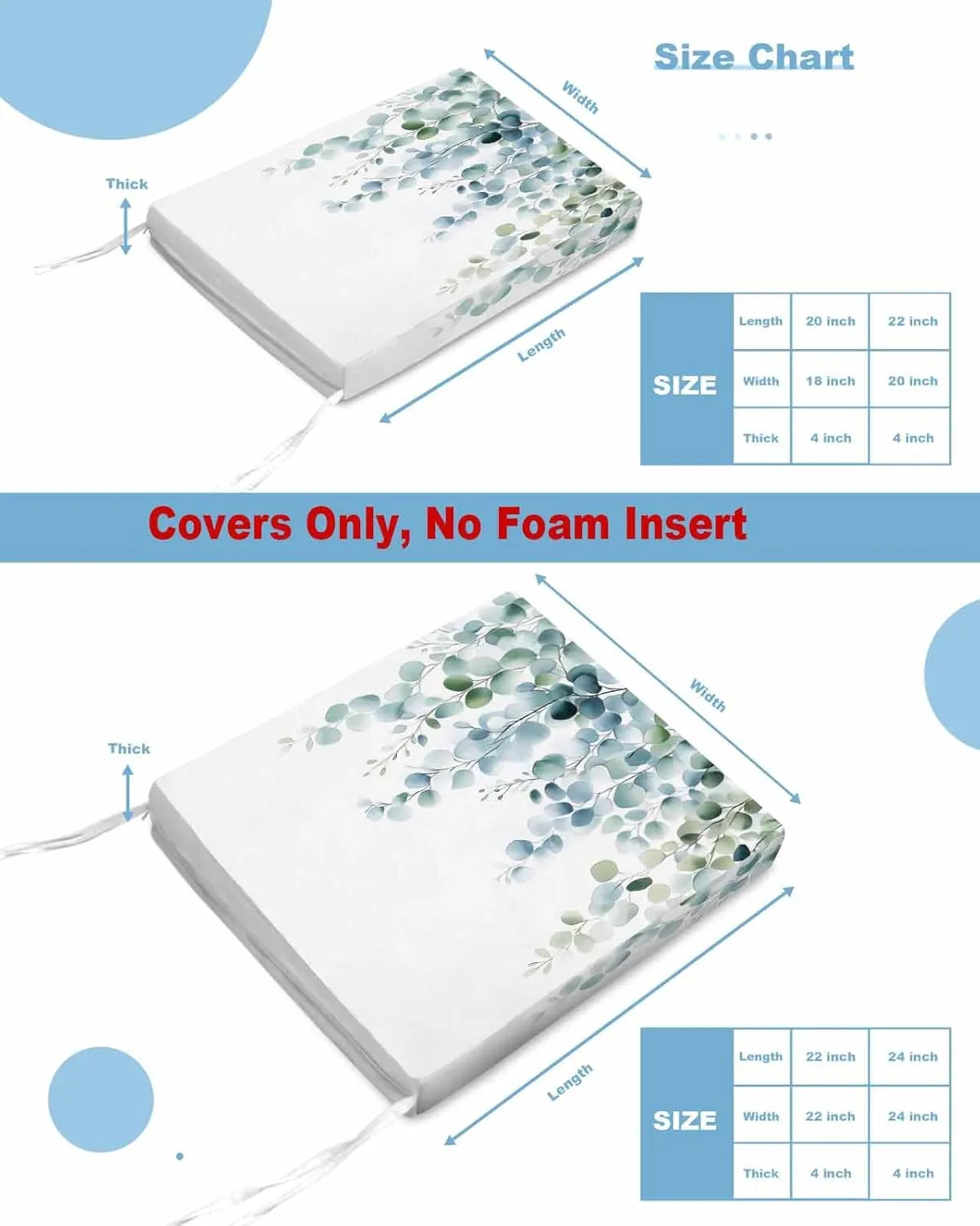 Teal Green Eucalyptus Leaves Outdoor Cushion Chair Cover Set of 4 - Waterproof Couch Seat Covers, Farmhouse Botanical Patio Furniture Protector Cushions Slipcovers for Sofa/RV, 22"x20"x4"